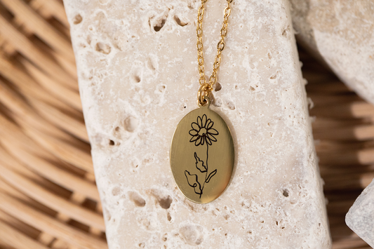 Birth Month Flower Oval Pendant Necklace